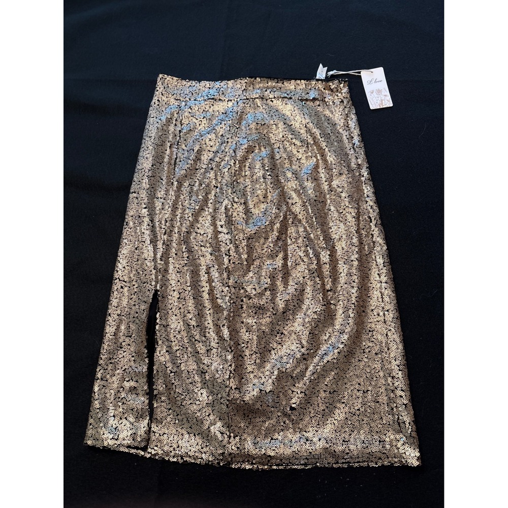 L Love Sequin Midi Skirt Womens Small Gold NEW Side Slit P7822 Sparkly Glam